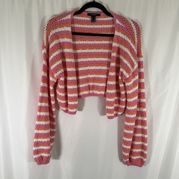 Forever 21 Cardigan Women's Medium Pink Orange Striped Knit Button Front Vneck - Picture 1 of 9